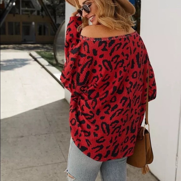 SOLD OUT CLEARANCE Red Leopard Waffle Off Shoulder Long Sleeve Top - Picture 3 of 3